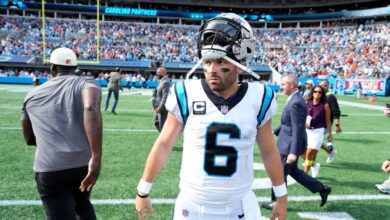 Panthers’ Baker Mayfield reacts after loss to the Browns